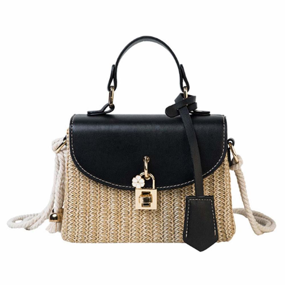 Mini Lock Decoration Straw Woven Cross-Body Shoulder Bag Pu Leather C :D